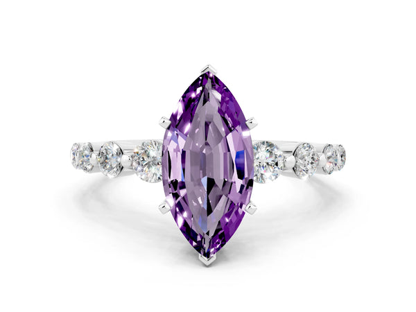 White gold Marquise Cut Solitaire Amethyst Ring with Pave Band and Four-Prong Setting