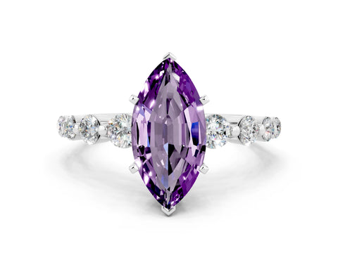 White gold Marquise Cut Solitaire Amethyst Ring with Pave Band and Four-Prong Setting