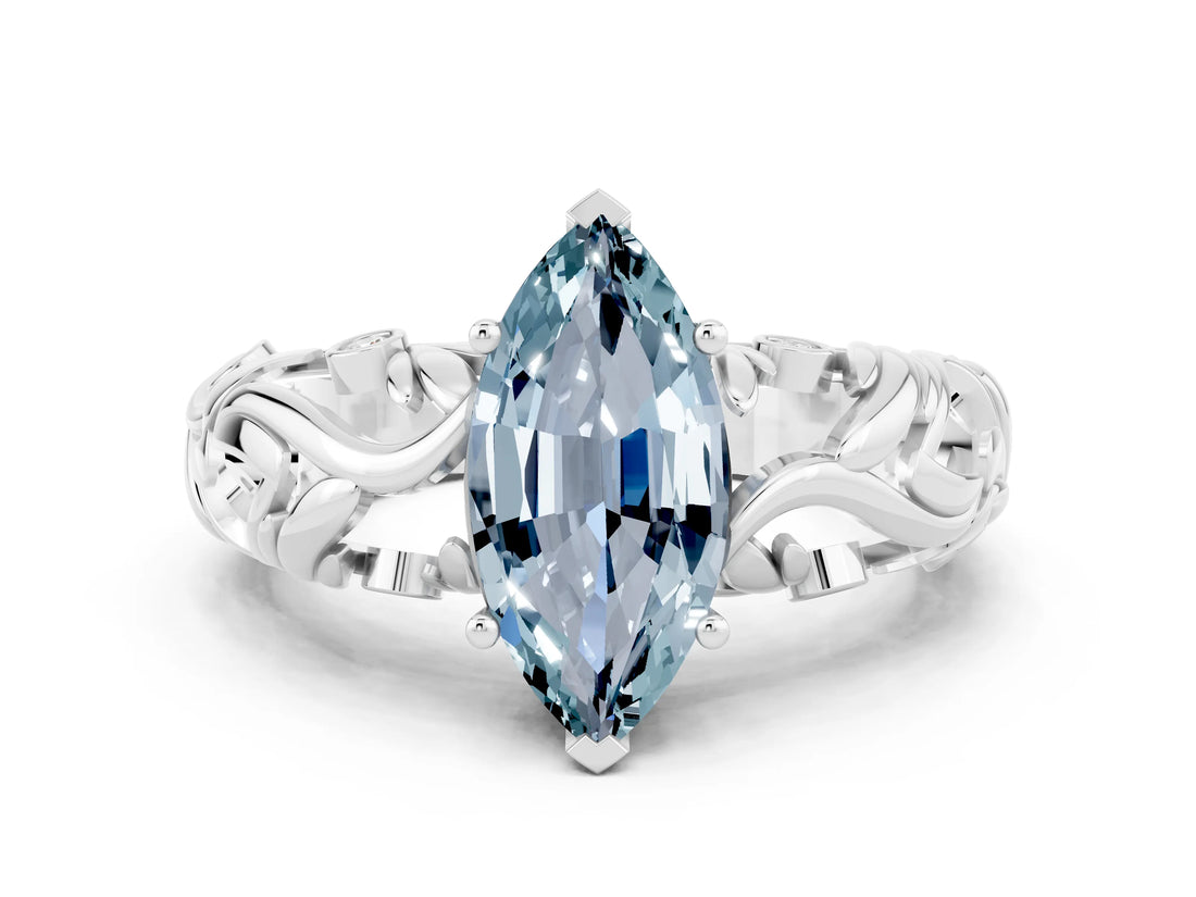 White gold Marquise Cut Solitaire Aquamarine Leaf-Inspired Vine Band Ring with Prong Setting