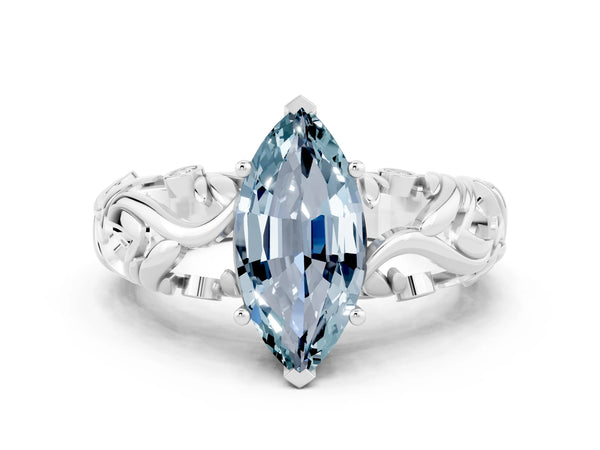 Platinum Marquise Cut Solitaire Aquamarine Leaf-Inspired Vine Band Ring with Prong Setting