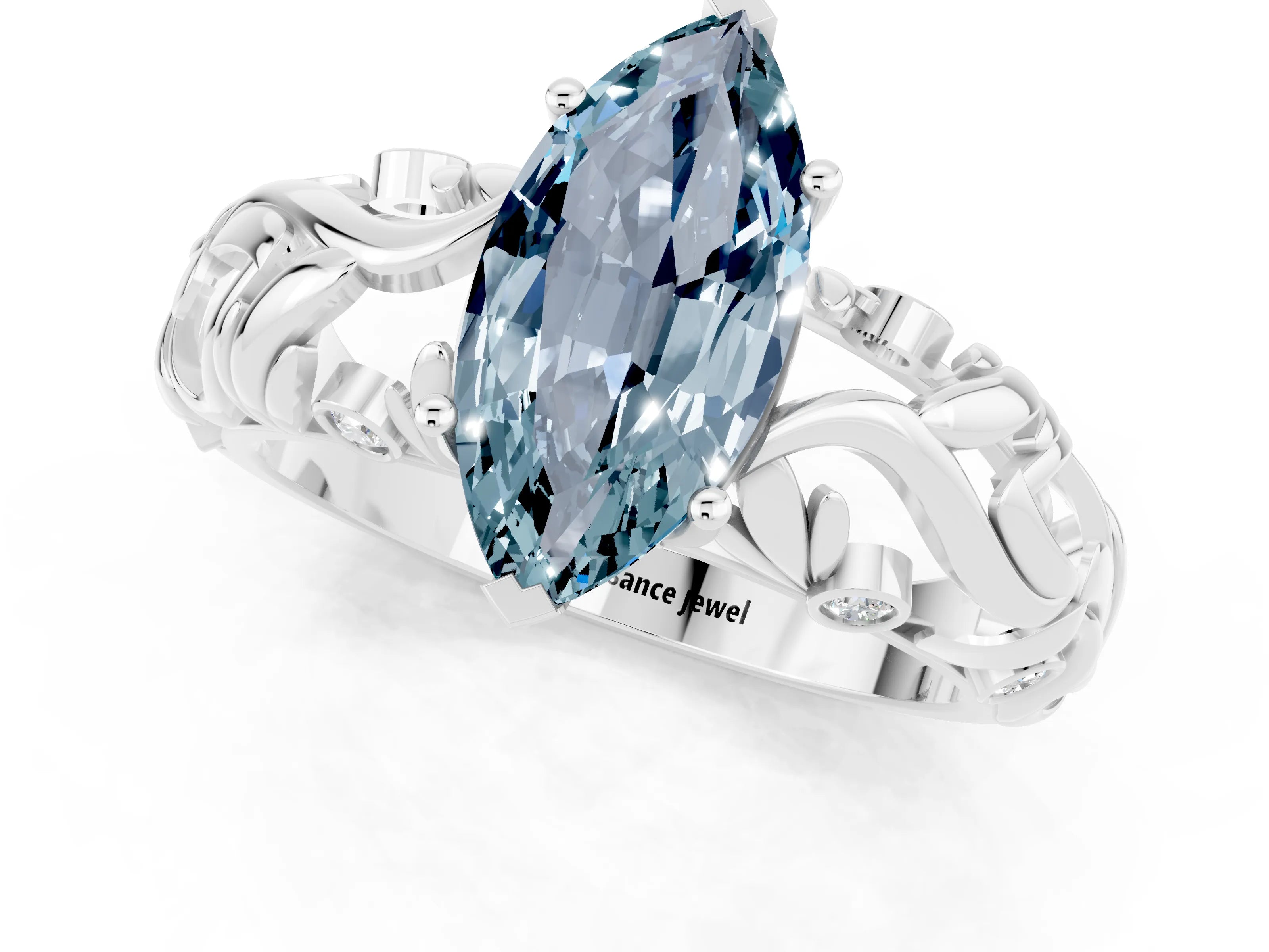 White gold Marquise Cut Solitaire Aquamarine Leaf-Inspired Vine Band Ring with Prong Setting_1