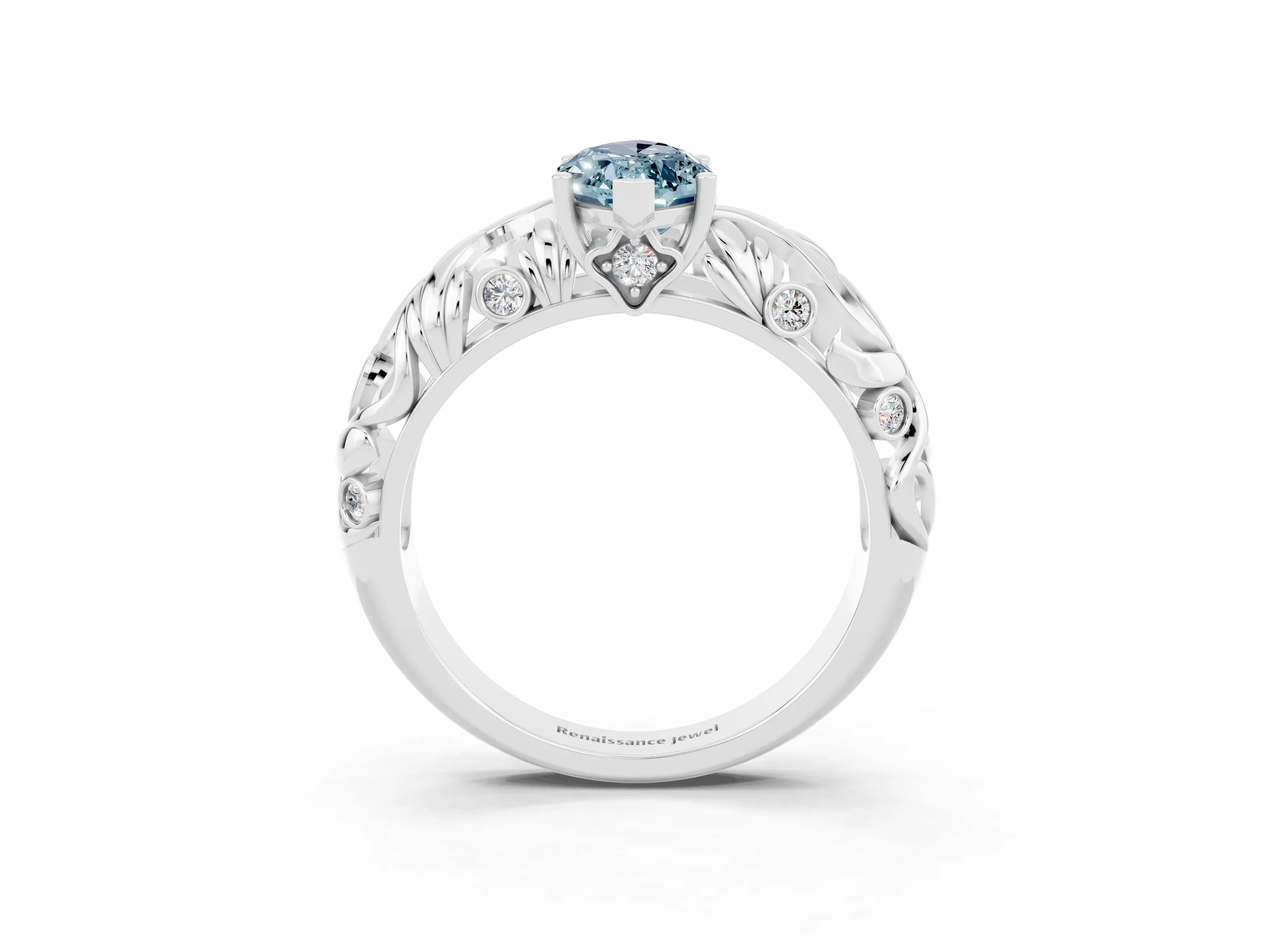 White gold Marquise Cut Solitaire Aquamarine Leaf-Inspired Vine Band Ring with Prong Setting_3