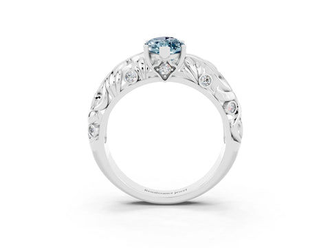White gold Marquise Cut Solitaire Aquamarine Leaf-Inspired Vine Band Ring with Prong Setting_3