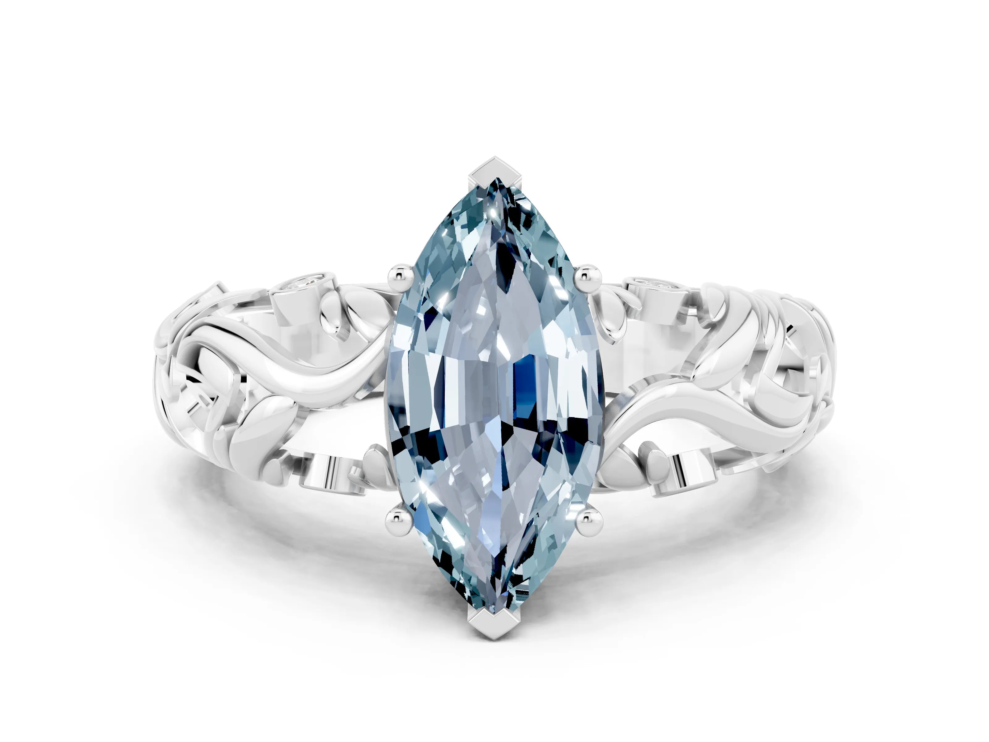 White gold Marquise Cut Solitaire Aquamarine Leaf-Inspired Vine Band Ring with Prong Setting