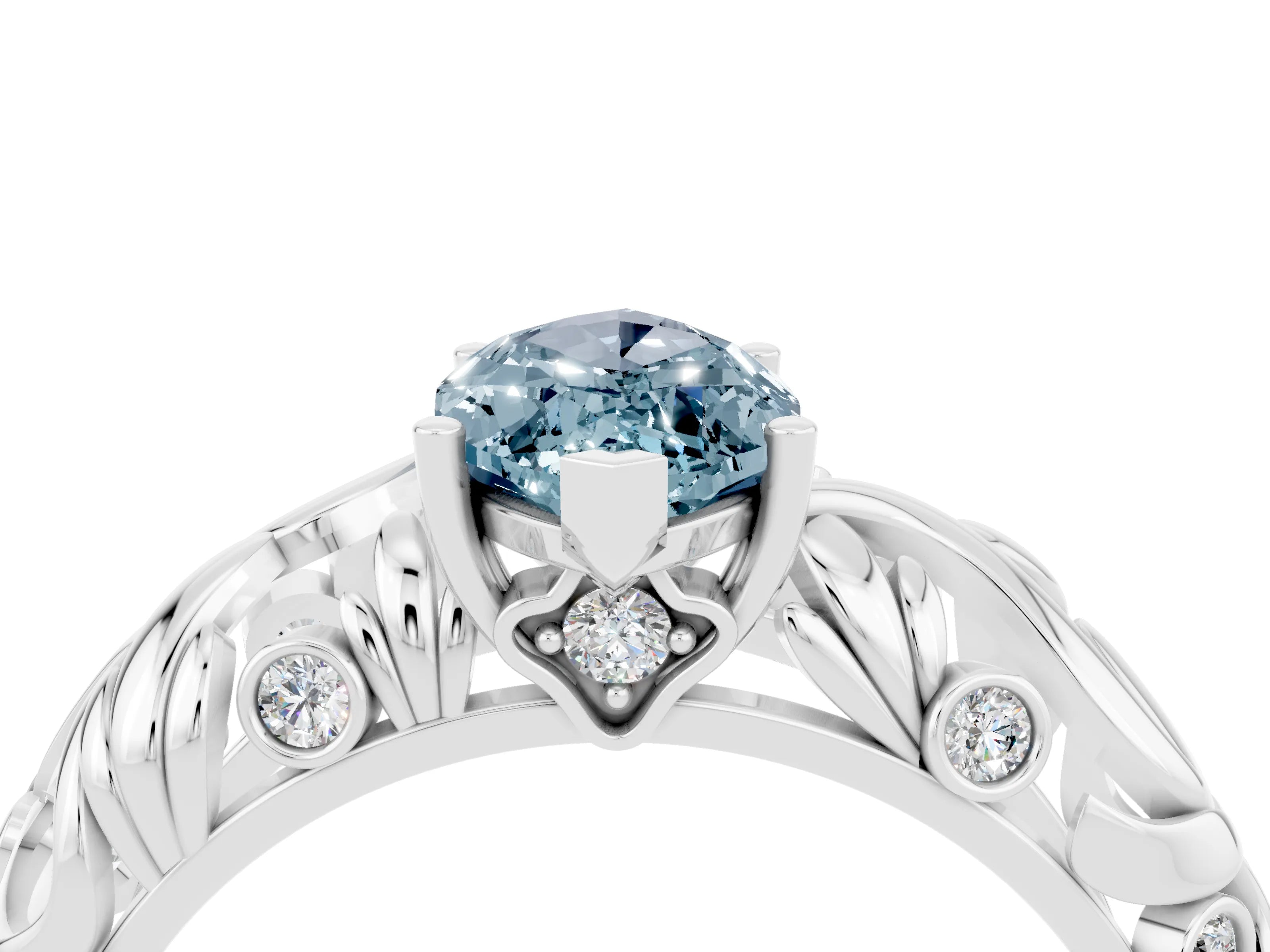 White gold Marquise Cut Solitaire Aquamarine Leaf-Inspired Vine Band Ring with Prong Setting_4