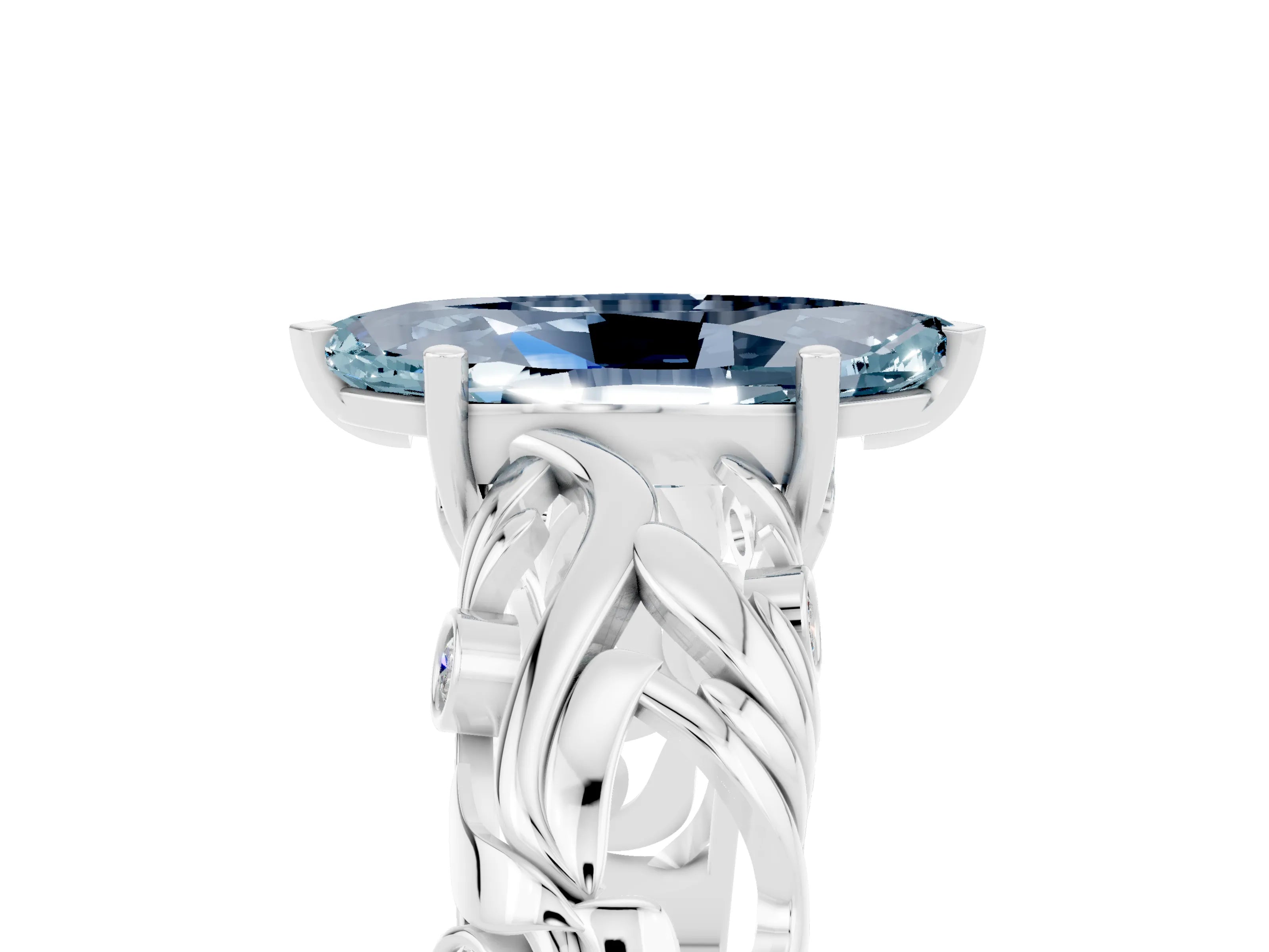 White gold Marquise Cut Solitaire Aquamarine Leaf-Inspired Vine Band Ring with Prong Setting_5