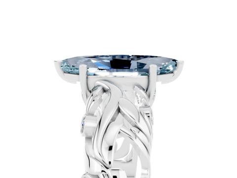 White gold Marquise Cut Solitaire Aquamarine Leaf-Inspired Vine Band Ring with Prong Setting_5