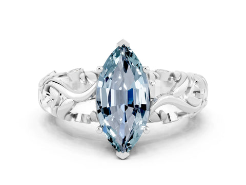 White gold Marquise Cut Solitaire Aquamarine Leaf-Inspired Vine Band Ring with Prong Setting