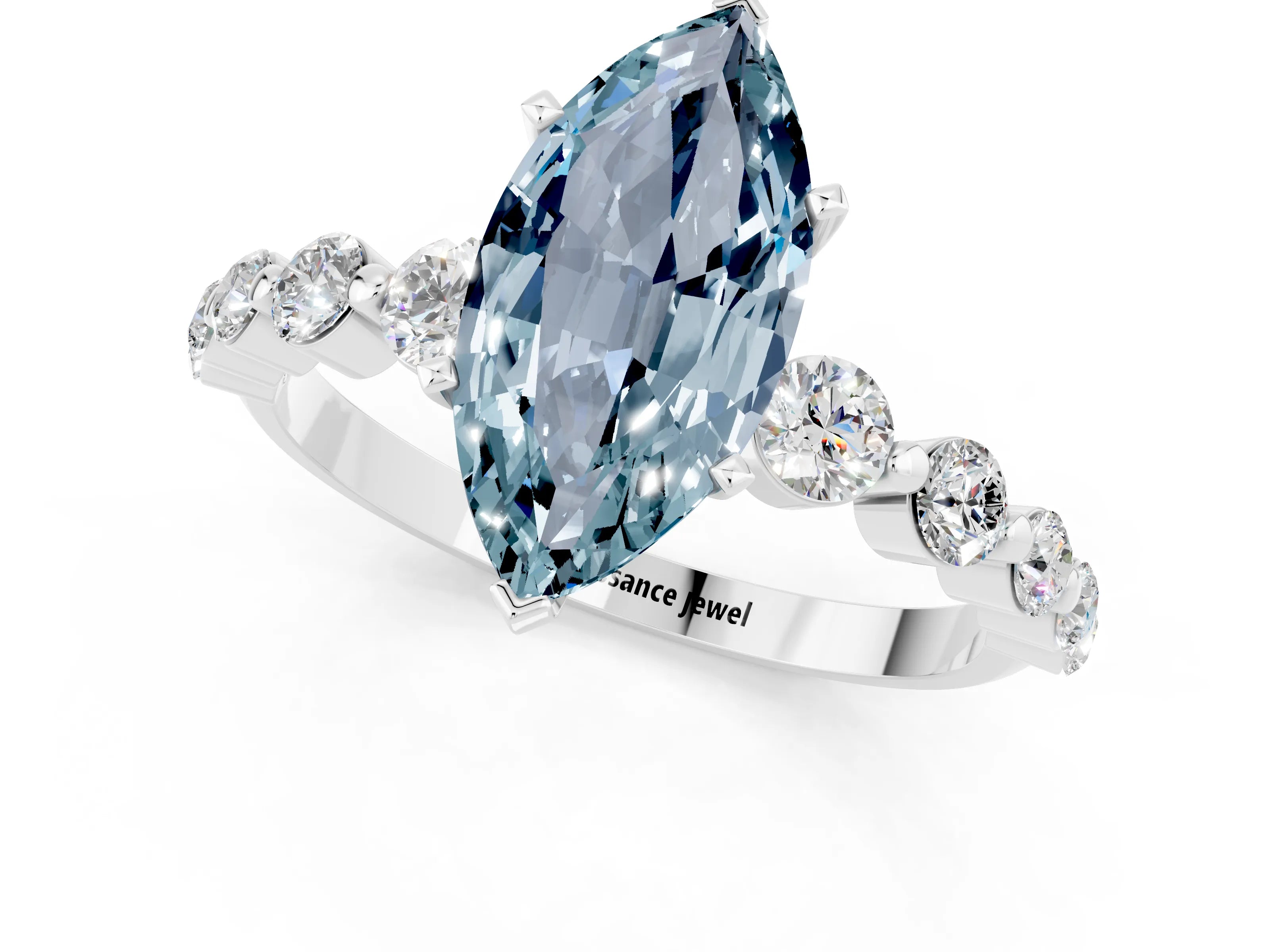White gold Marquise Cut Solitaire Aquamarine Ring with Pave Band and Four-Prong Setting_1