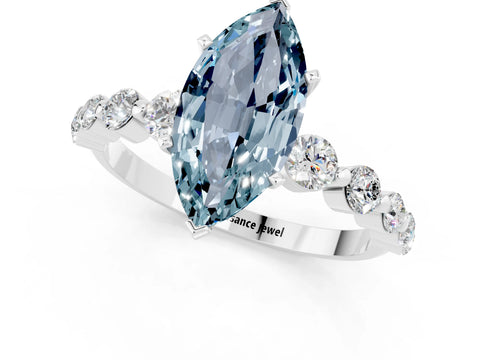 White gold Marquise Cut Solitaire Aquamarine Ring with Pave Band and Four-Prong Setting_1