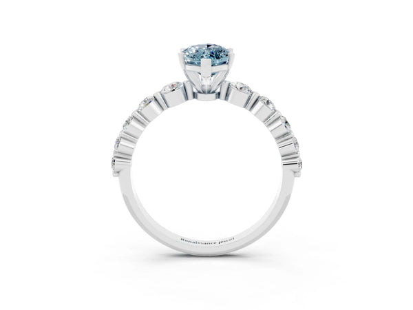 White gold Marquise Cut Solitaire Aquamarine Ring with Pave Band and Four-Prong Setting