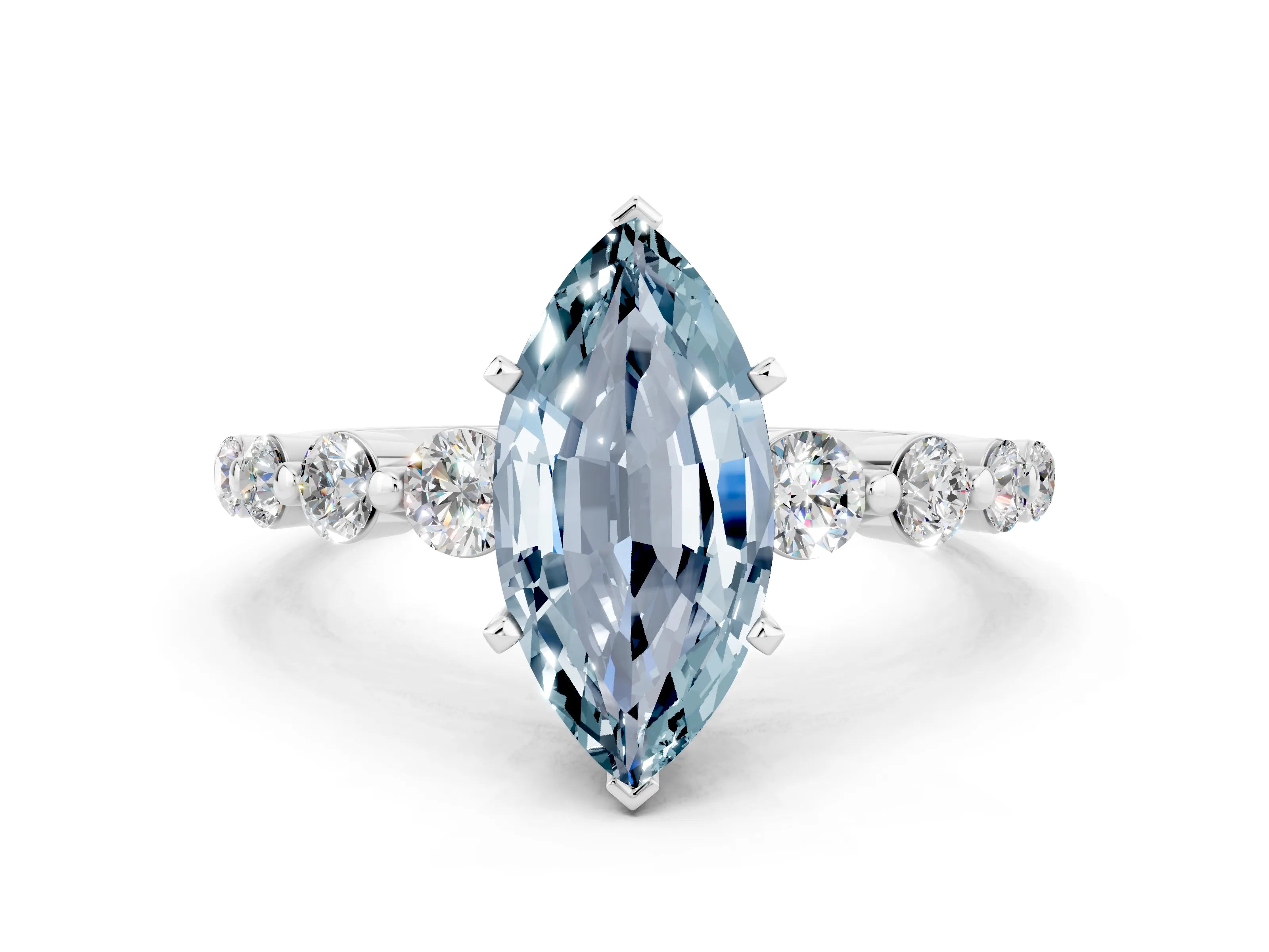 White gold Marquise Cut Solitaire Aquamarine Ring with Pave Band and Four-Prong Setting