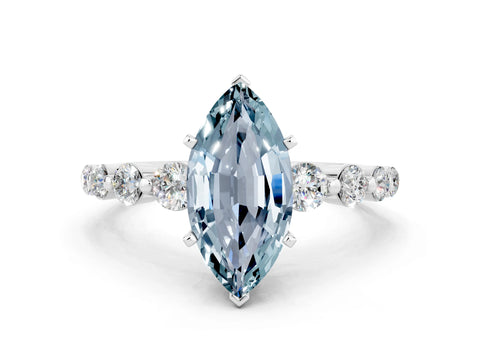 White gold Marquise Cut Solitaire Aquamarine Ring with Pave Band and Four-Prong Setting