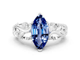 White gold Marquise Cut Solitaire Blue Sapphire Leaf-Inspired Vine Band Ring with Prong Setting