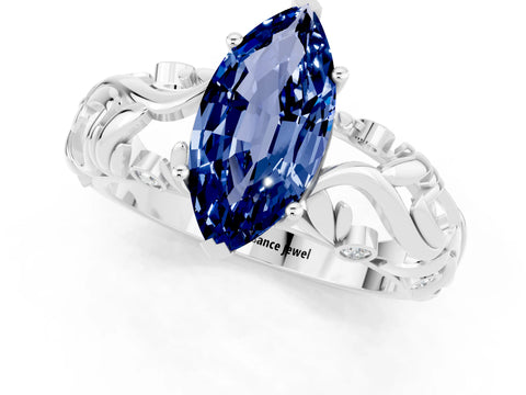 White gold Marquise Cut Solitaire Blue Sapphire Leaf-Inspired Vine Band Ring with Prong Setting_1