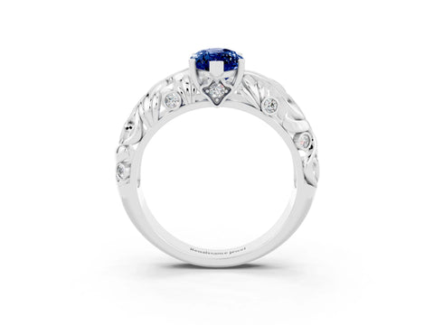 White gold Marquise Cut Solitaire Blue Sapphire Leaf-Inspired Vine Band Ring with Prong Setting_3