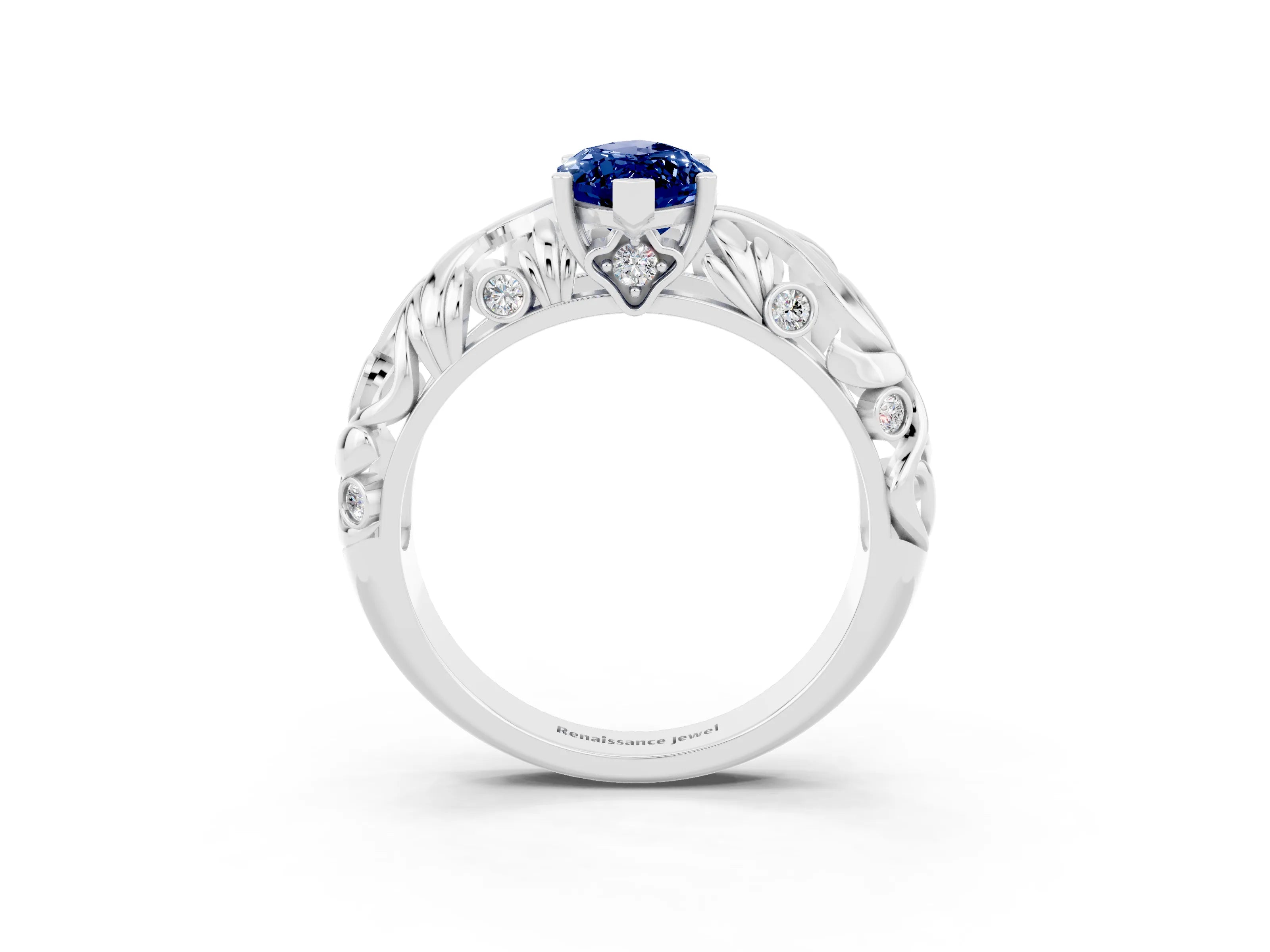 White gold Marquise Cut Solitaire Blue Sapphire Leaf-Inspired Vine Band Ring with Prong Setting_3