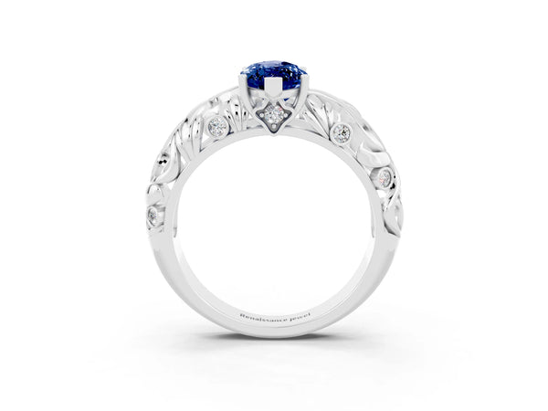 Silver Marquise Cut Solitaire Blue Sapphire Leaf-Inspired Vine Band Ring with Prong Setting