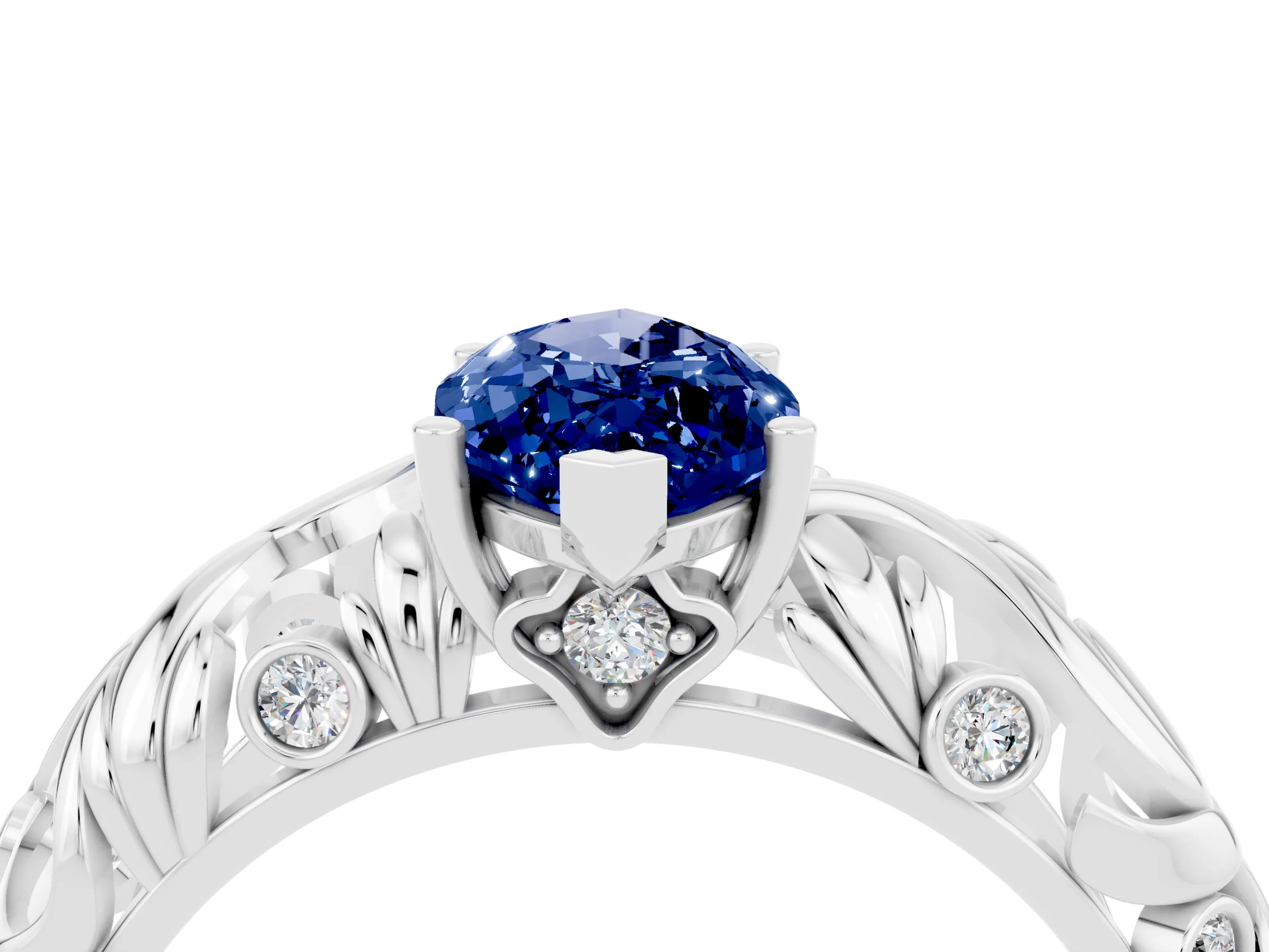 White gold Marquise Cut Solitaire Blue Sapphire Leaf-Inspired Vine Band Ring with Prong Setting_4