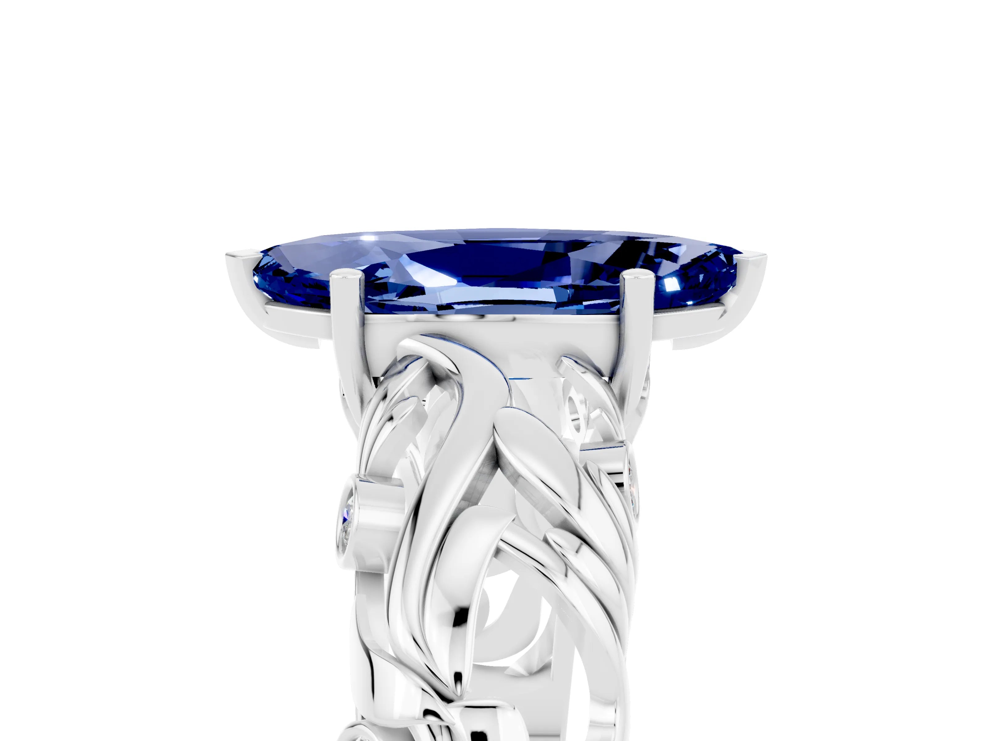 White gold Marquise Cut Solitaire Blue Sapphire Leaf-Inspired Vine Band Ring with Prong Setting_5