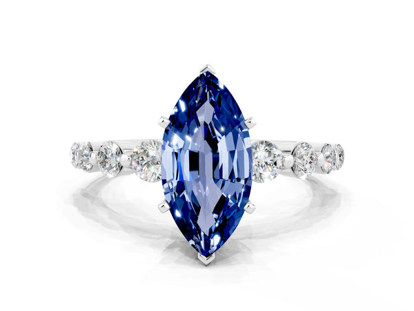 Platinum Marquise Cut Solitaire Blue Sapphire Ring with Pave Band and Four-Prong Setting