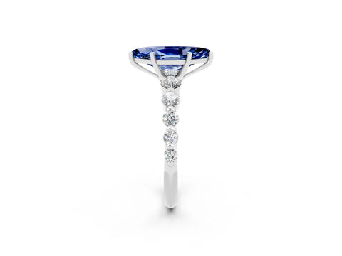 White gold Marquise Cut Solitaire Blue Sapphire Ring with Pave Band and Four-Prong Setting_2