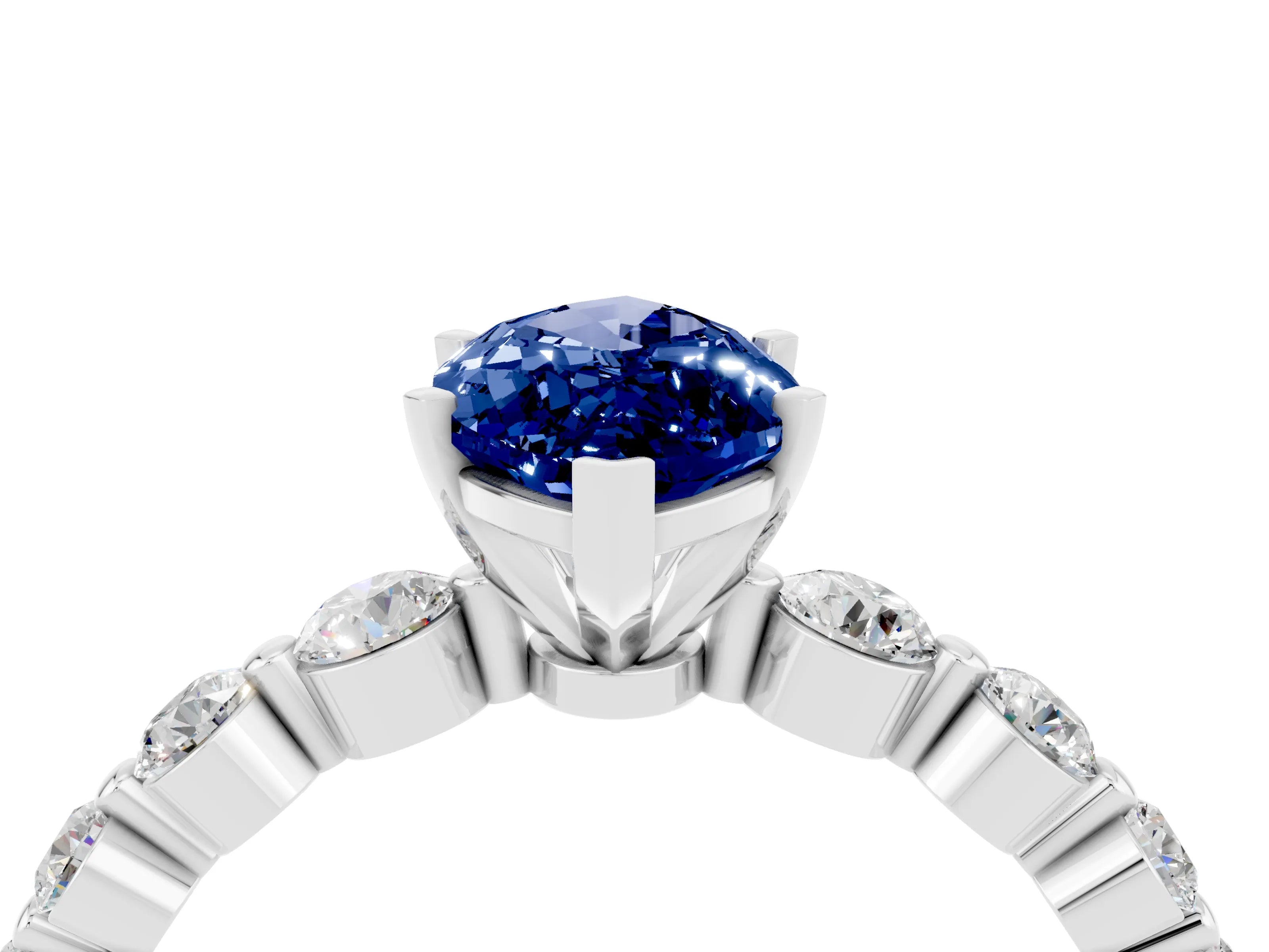 White gold Marquise Cut Solitaire Blue Sapphire Ring with Pave Band and Four-Prong Setting_4