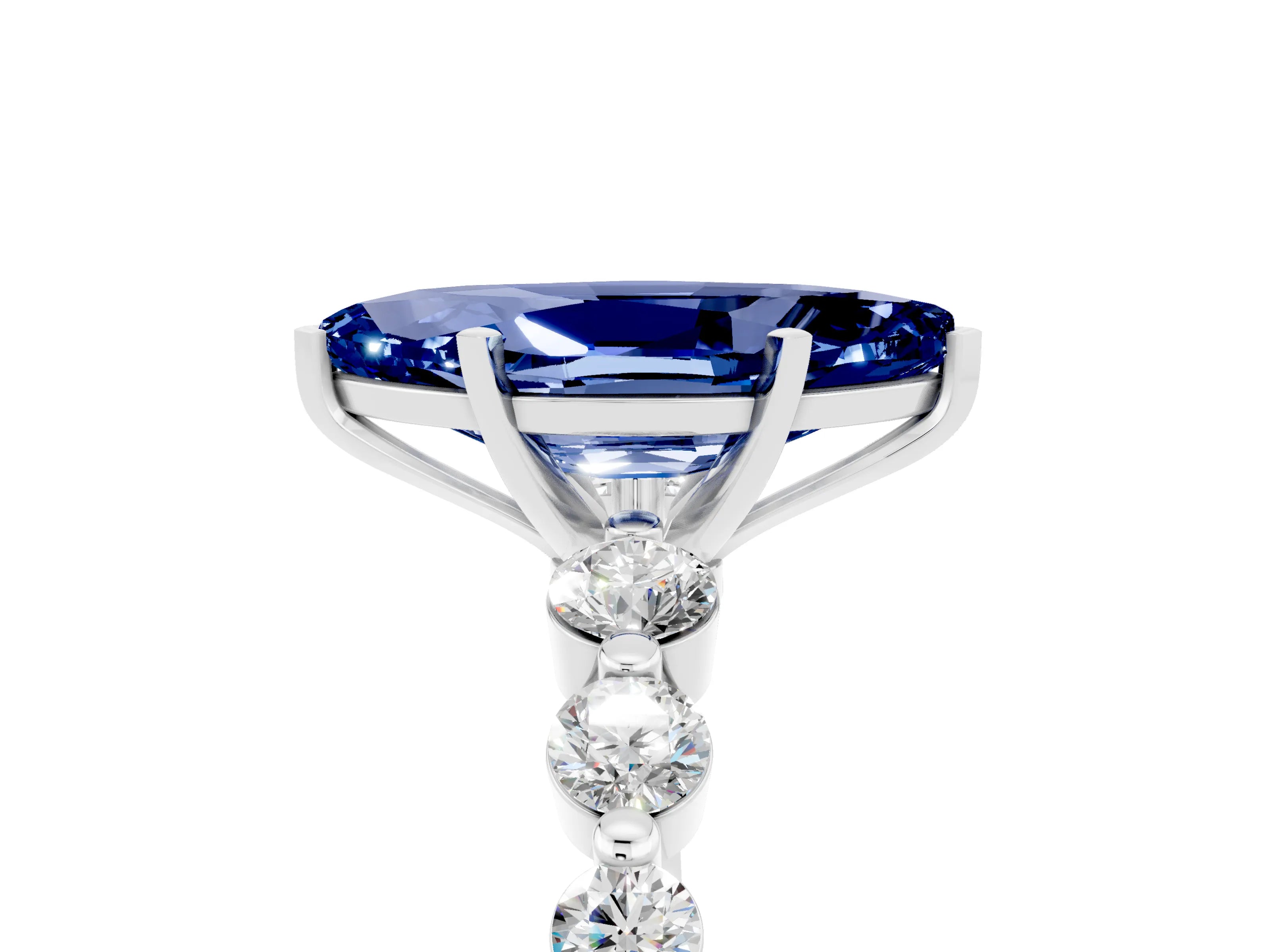 White gold Marquise Cut Solitaire Blue Sapphire Ring with Pave Band and Four-Prong Setting_5