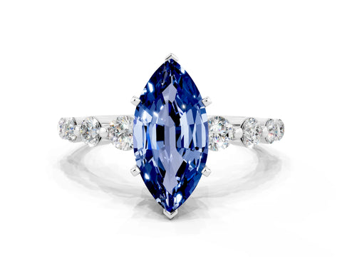 White gold Marquise Cut Solitaire Blue Sapphire Ring with Pave Band and Four-Prong Setting