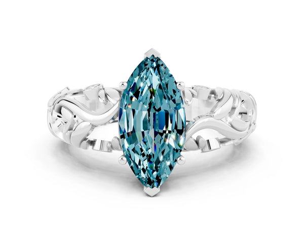 White gold Marquise Cut Solitaire Blue Topaz Leaf-Inspired Vine Band Ring with Prong Setting