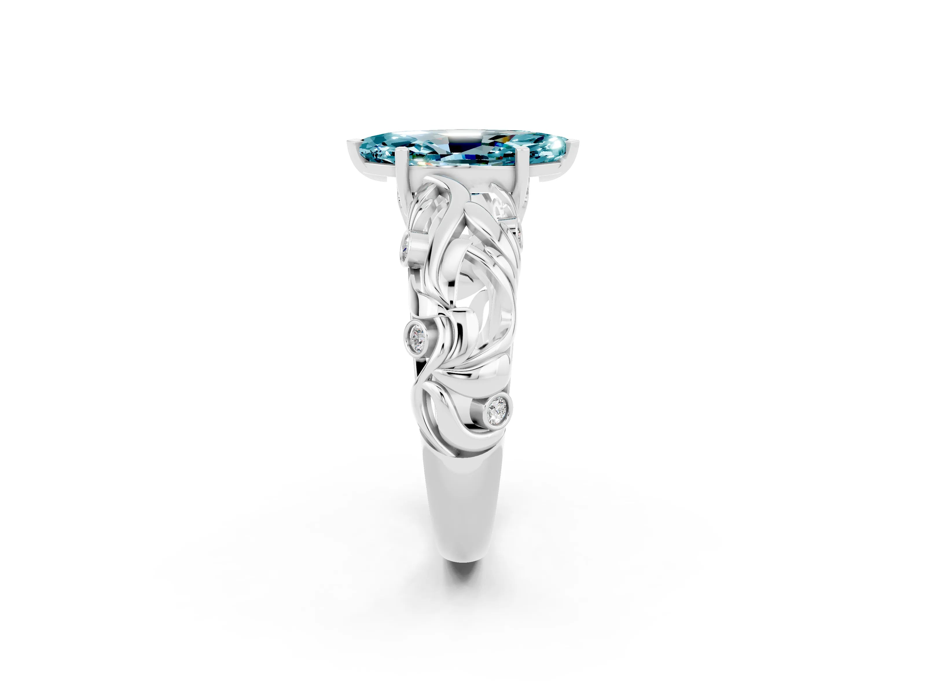 White gold Marquise Cut Solitaire Blue Topaz Leaf-Inspired Vine Band Ring with Prong Setting_2