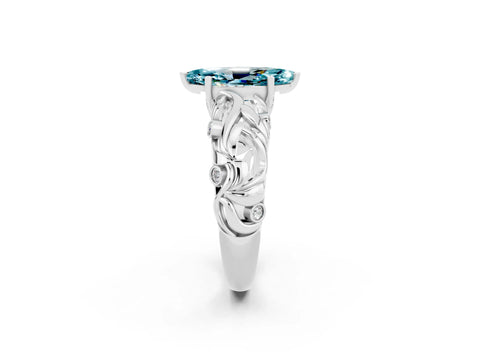 White gold Marquise Cut Solitaire Blue Topaz Leaf-Inspired Vine Band Ring with Prong Setting_2