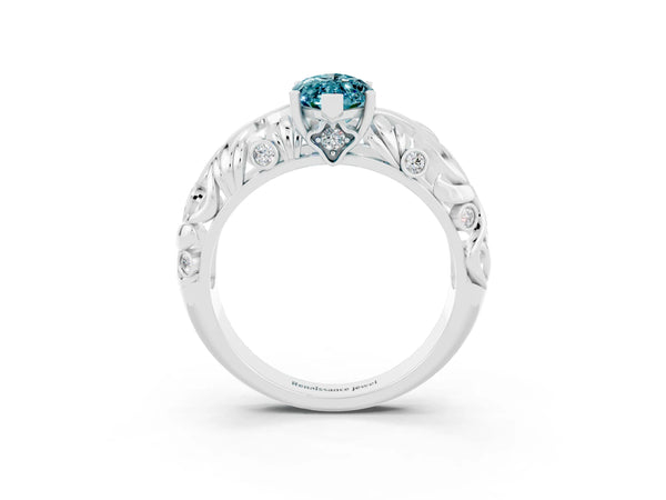 Platinum Marquise Cut Solitaire Blue Topaz Leaf-Inspired Vine Band Ring with Prong Setting