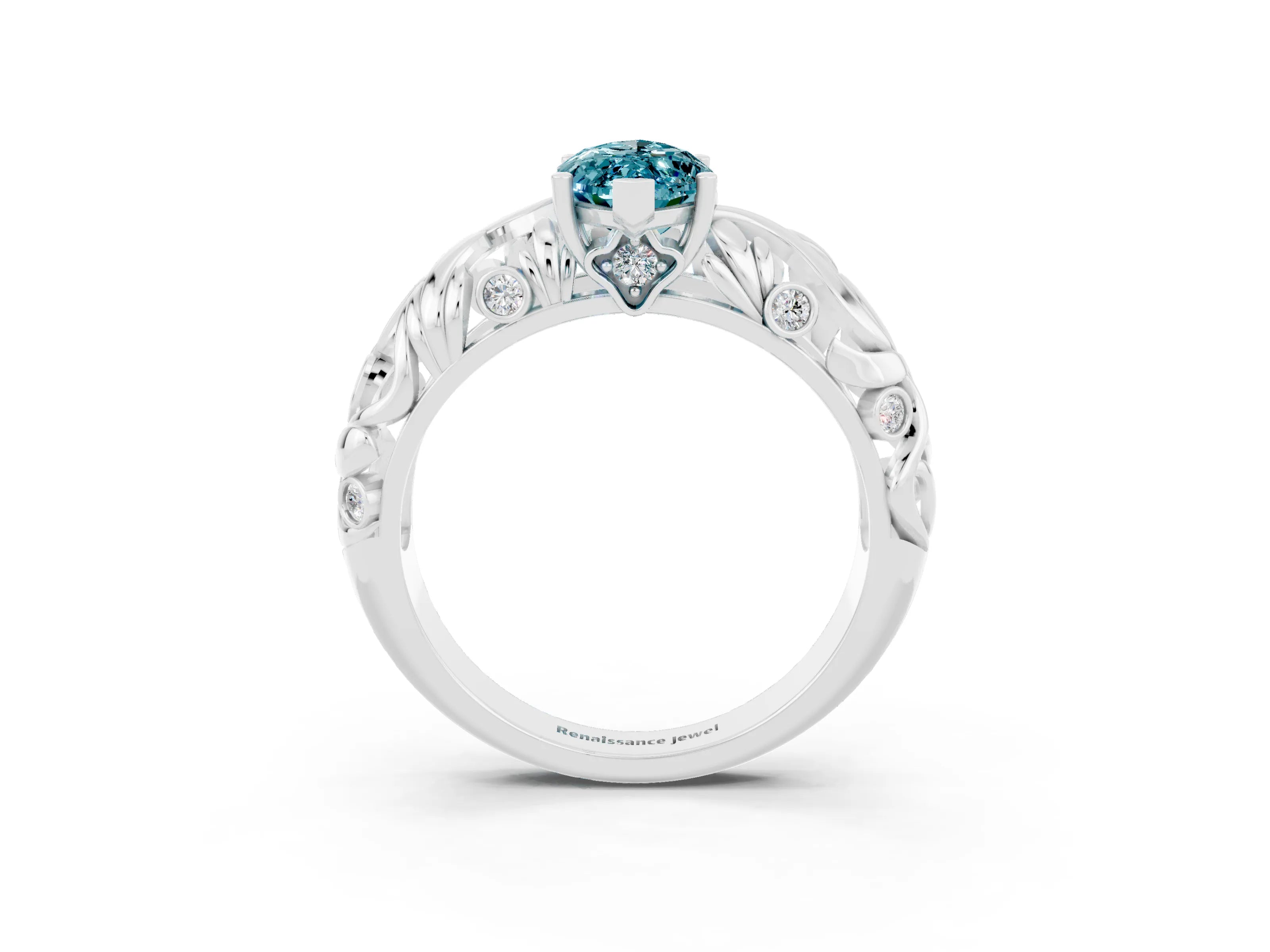 White gold Marquise Cut Solitaire Blue Topaz Leaf-Inspired Vine Band Ring with Prong Setting_3