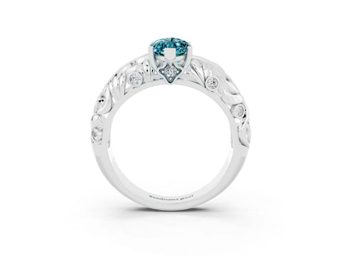 White gold Marquise Cut Solitaire Blue Topaz Leaf-Inspired Vine Band Ring with Prong Setting_3