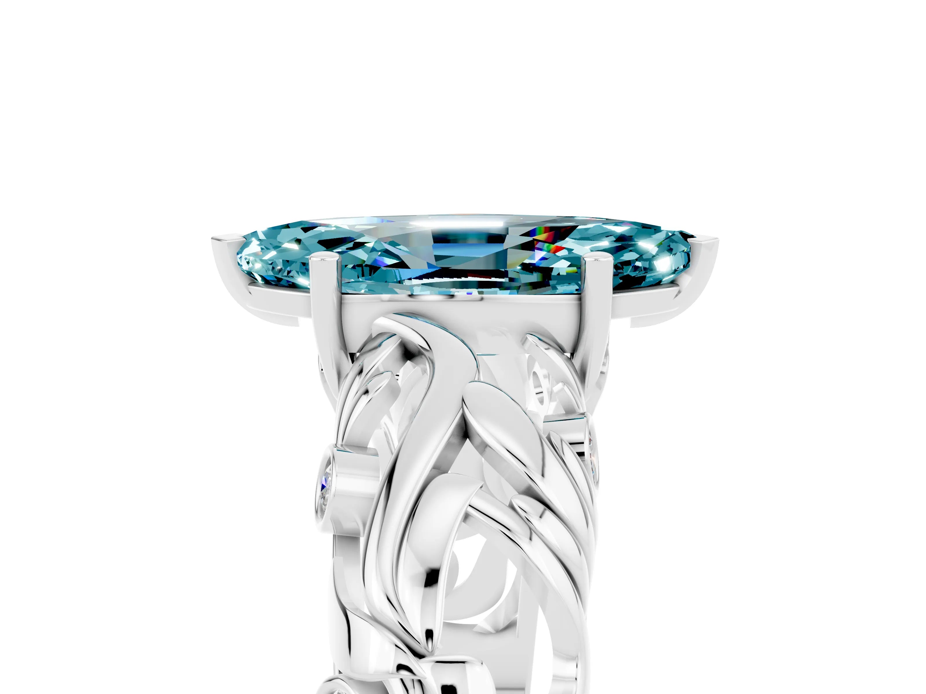 White gold Marquise Cut Solitaire Blue Topaz Leaf-Inspired Vine Band Ring with Prong Setting_5