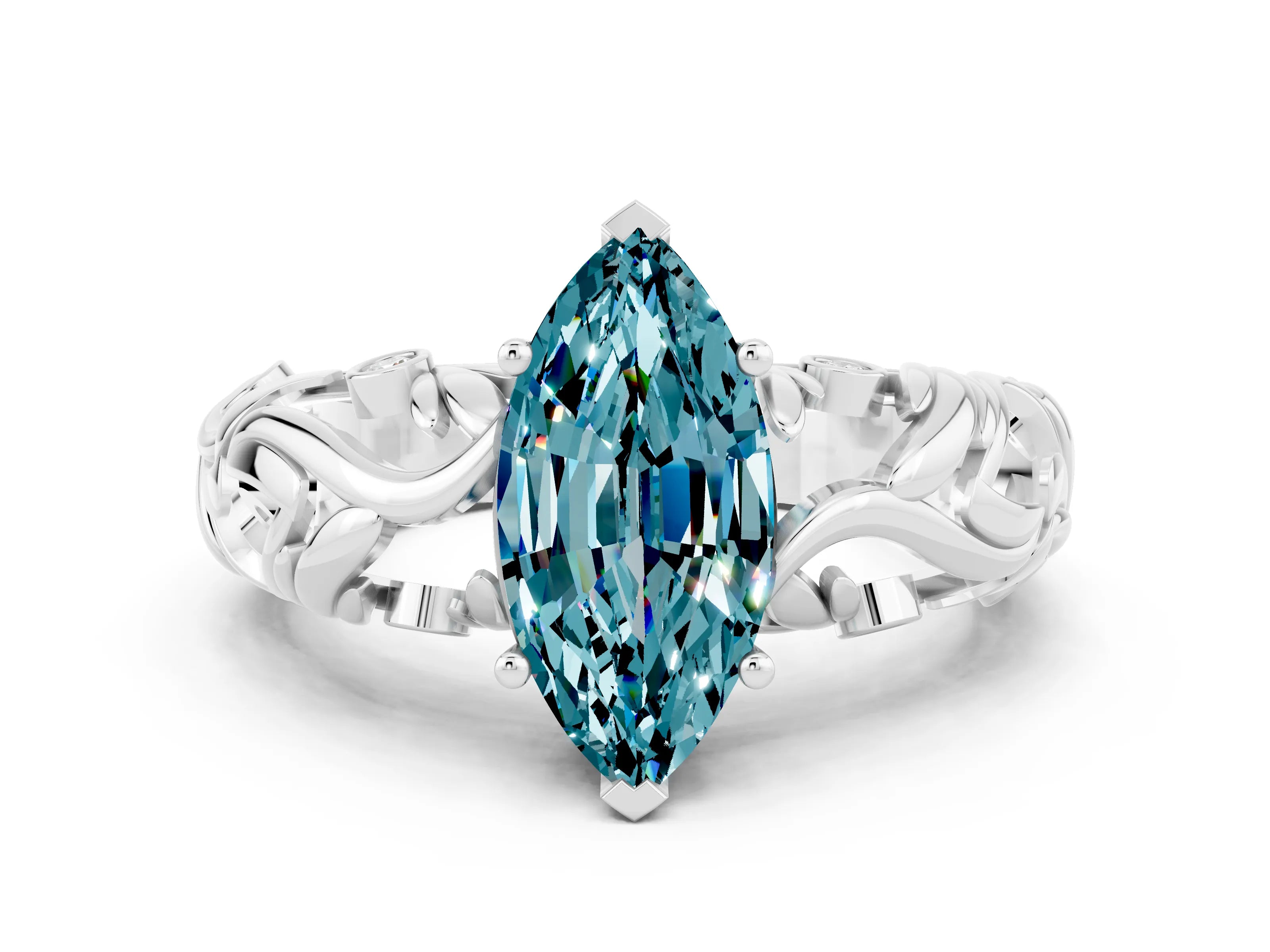 White gold Marquise Cut Solitaire Blue Topaz Leaf-Inspired Vine Band Ring with Prong Setting