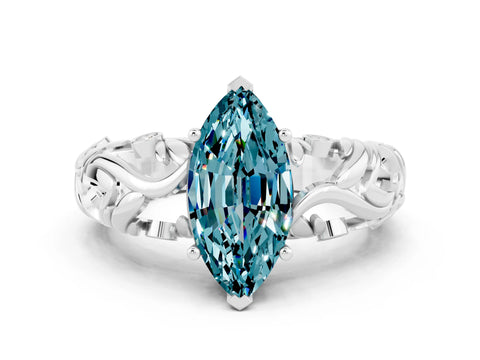 White gold Marquise Cut Solitaire Blue Topaz Leaf-Inspired Vine Band Ring with Prong Setting