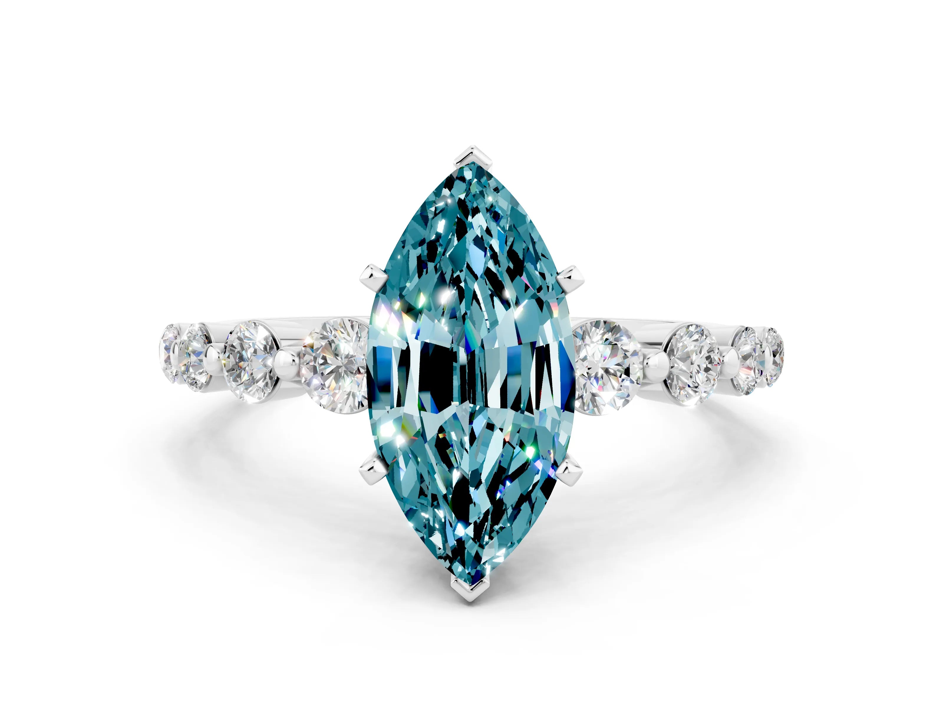 White gold Marquise Cut Solitaire Blue Topaz Ring with Pave Band and Four-Prong Setting