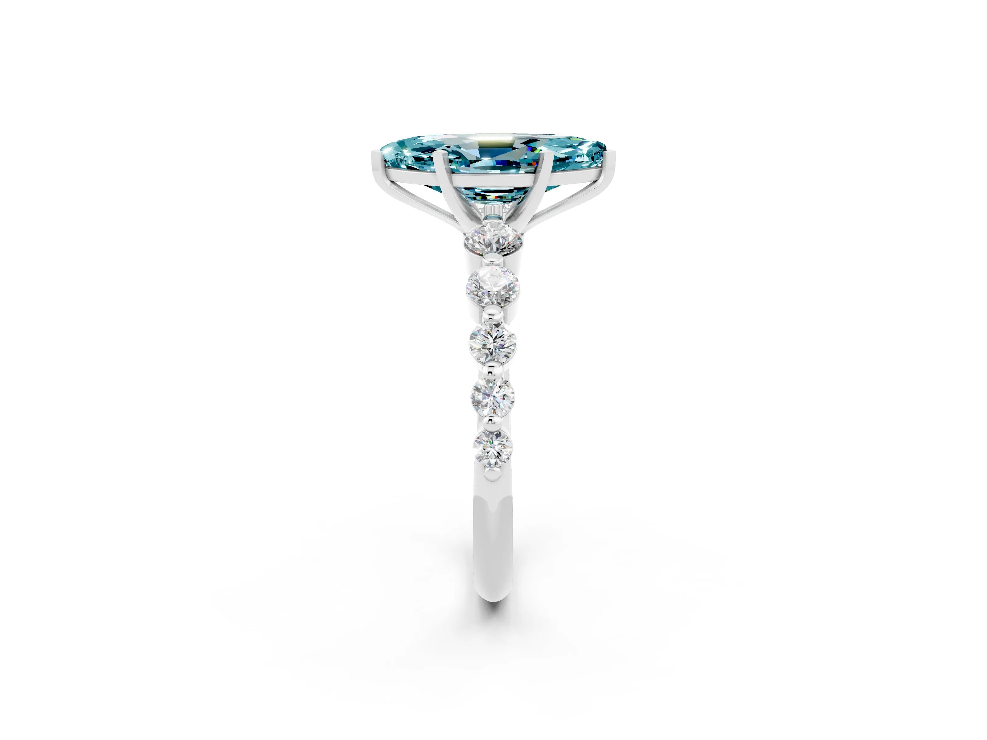 White gold Marquise Cut Solitaire Blue Topaz Ring with Pave Band and Four-Prong Setting_2