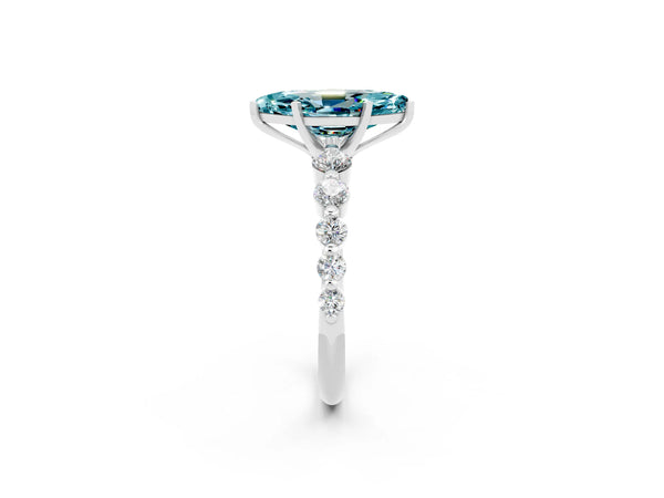 Silver Marquise Cut Solitaire Blue Topaz Ring with Pave Band and Four-Prong Setting
