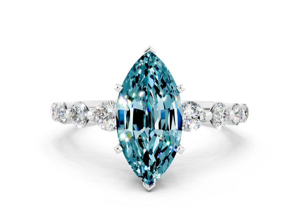 Silver Marquise Cut Solitaire Blue Topaz Ring with Pave Band and Four-Prong Setting