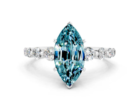 White gold Marquise Cut Solitaire Blue Topaz Ring with Pave Band and Four-Prong Setting