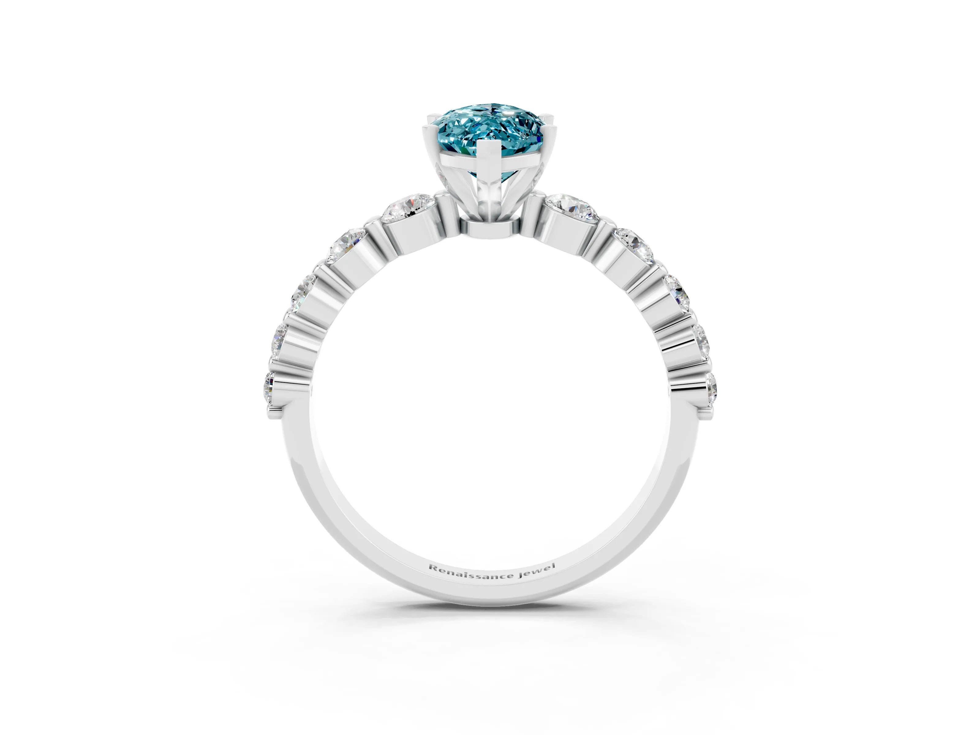 White gold Marquise Cut Solitaire Blue Topaz Ring with Pave Band and Four-Prong Setting_3