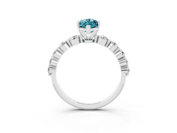 Platinum Marquise Cut Solitaire Blue Topaz Ring with Pave Band and Four-Prong Setting