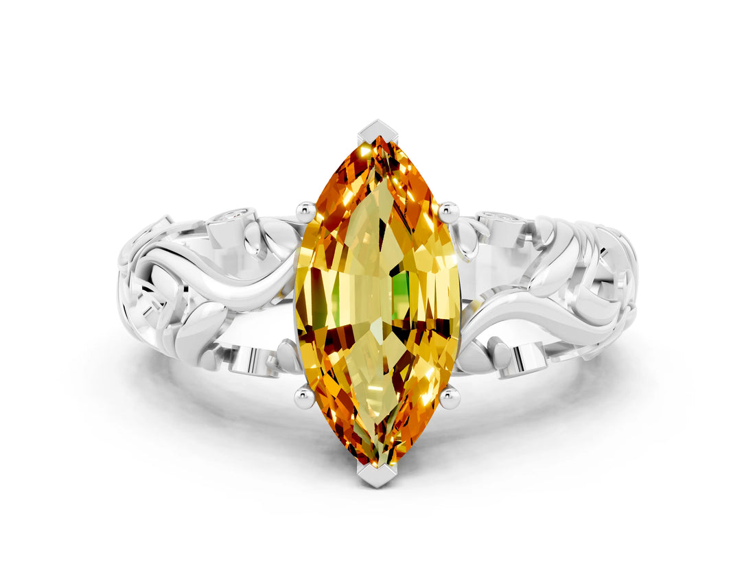 White gold Marquise Cut Solitaire Citrine Leaf-Inspired Vine Band Ring with Prong Setting