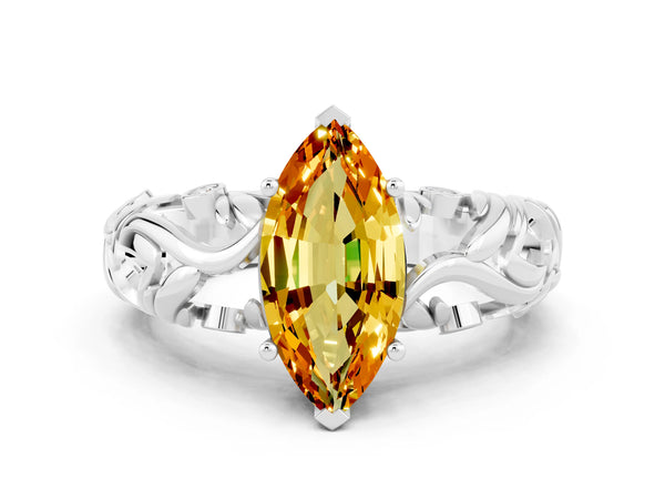 Silver Marquise Cut Solitaire Citrine Leaf-Inspired Vine Band Ring with Prong Setting