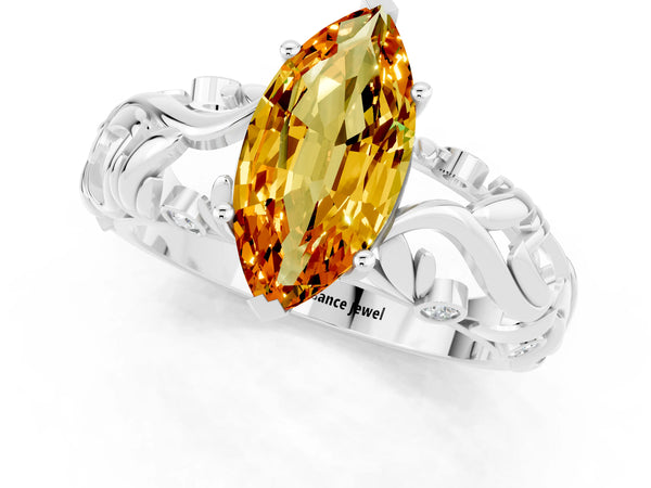 Silver Marquise Cut Solitaire Citrine Leaf-Inspired Vine Band Ring with Prong Setting