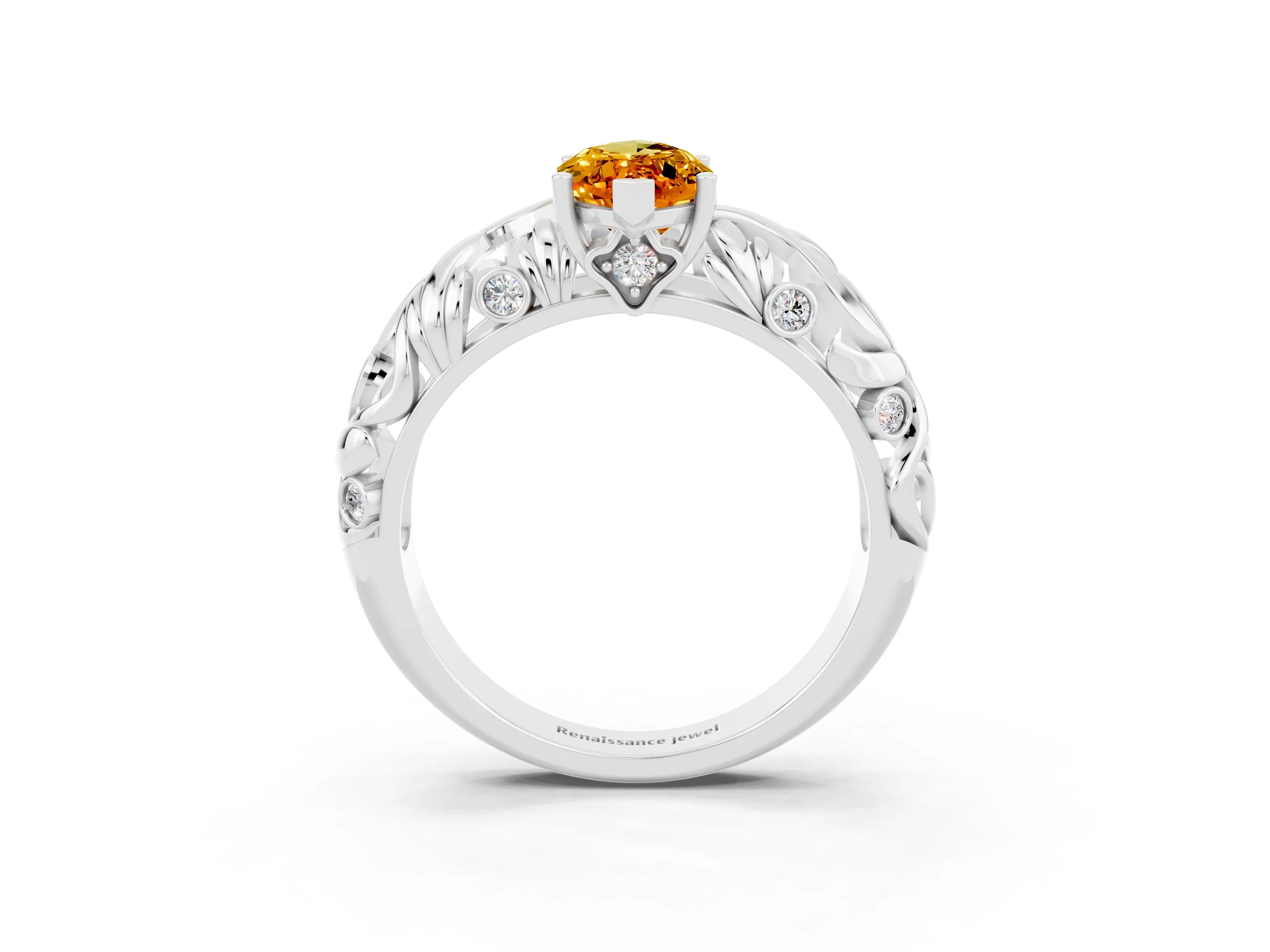 White gold Marquise Cut Solitaire Citrine Leaf-Inspired Vine Band Ring with Prong Setting_3