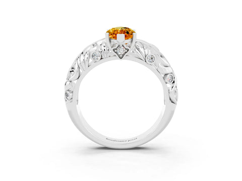 White gold Marquise Cut Solitaire Citrine Leaf-Inspired Vine Band Ring with Prong Setting_3